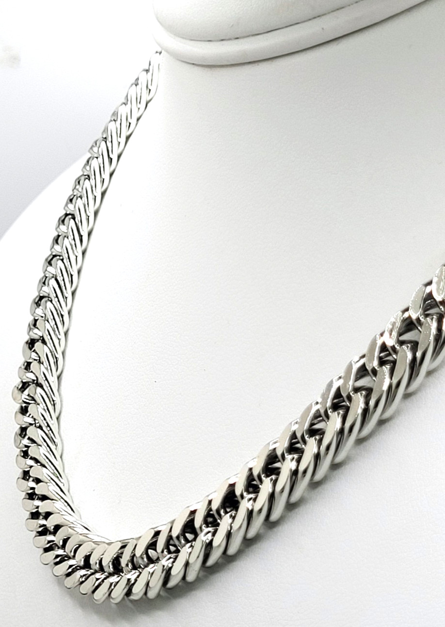 Vintage Rhodium Plated 9mm Curb Chain Choker Necklace 14″- 17.5″ Hook Clasp