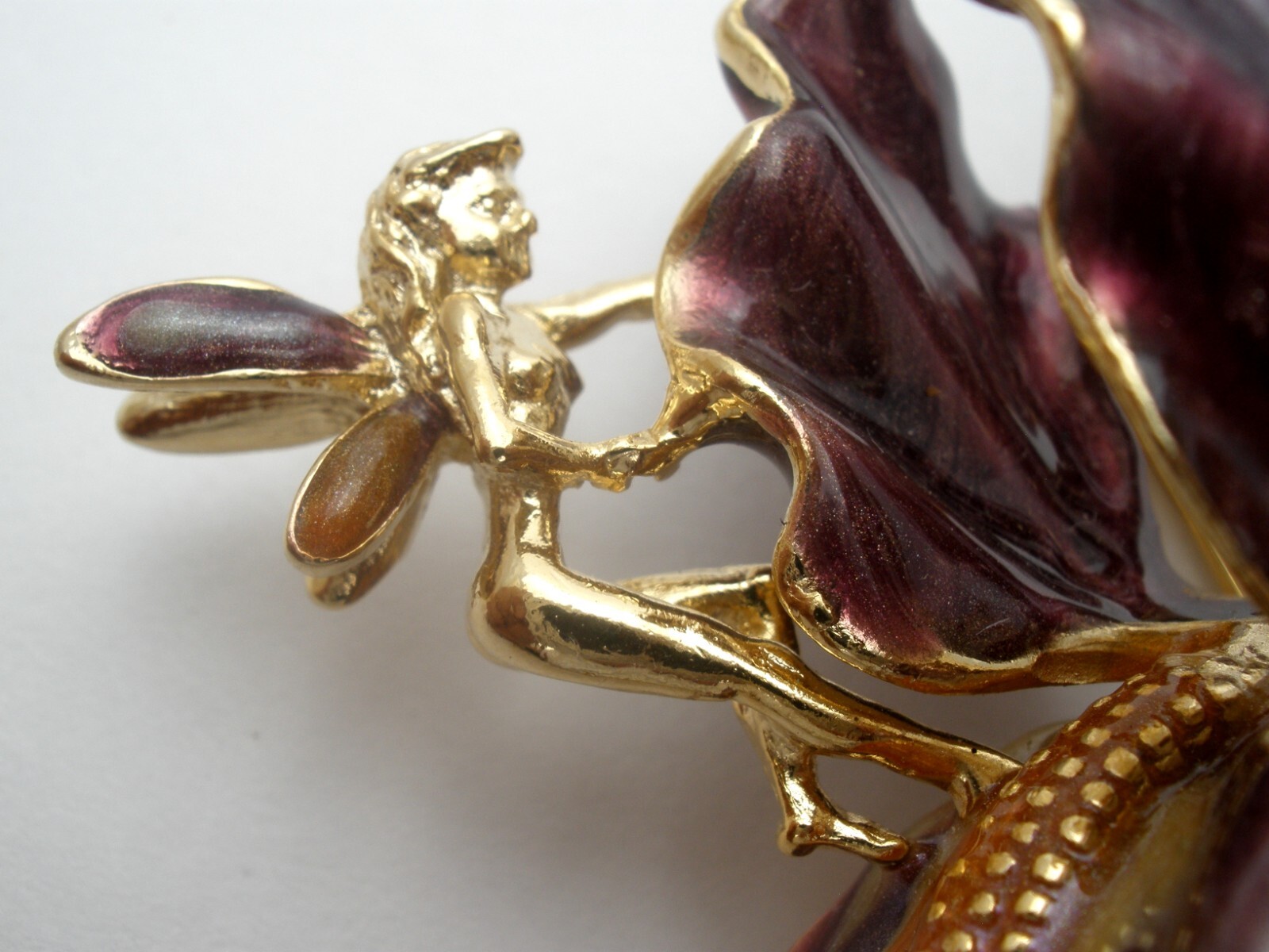 Kirks Folly Signed Brooch Purple Iris Enamel Orchid Pin With Golden Fairy