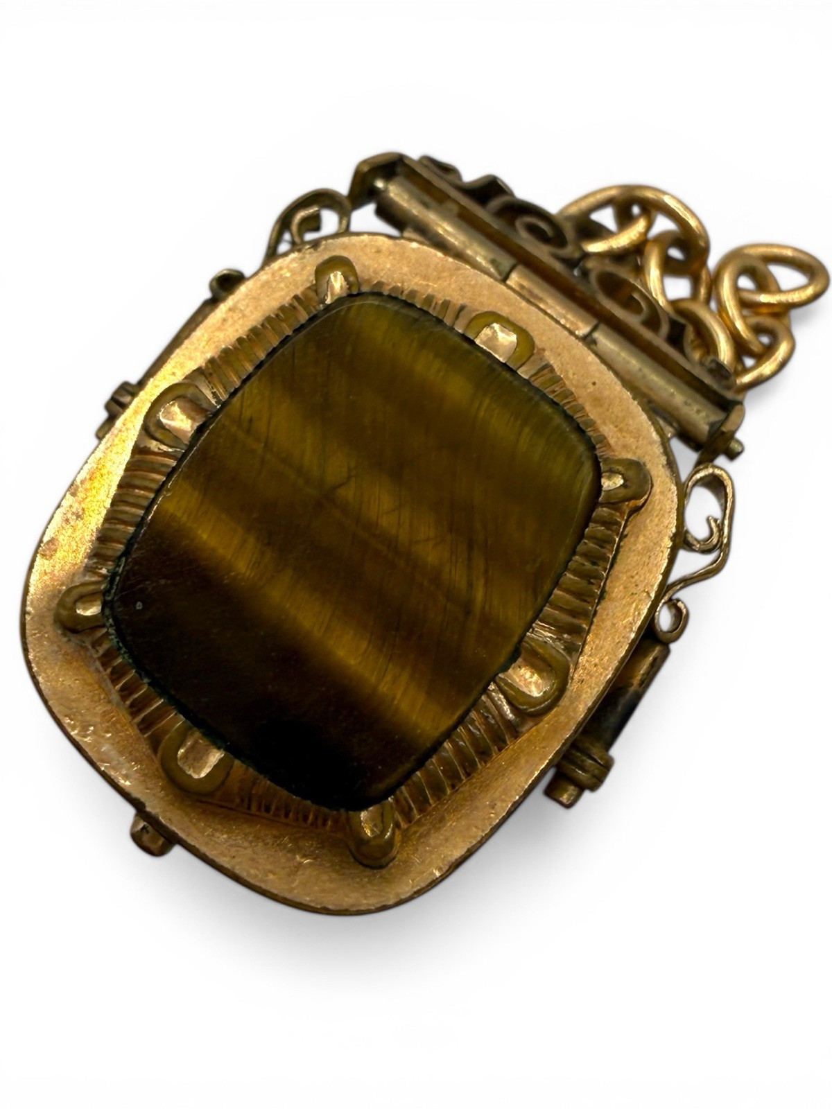 Antique GF Intaglio Centurion Carnelian Tigers Eye Watch Fob Pendant Locket