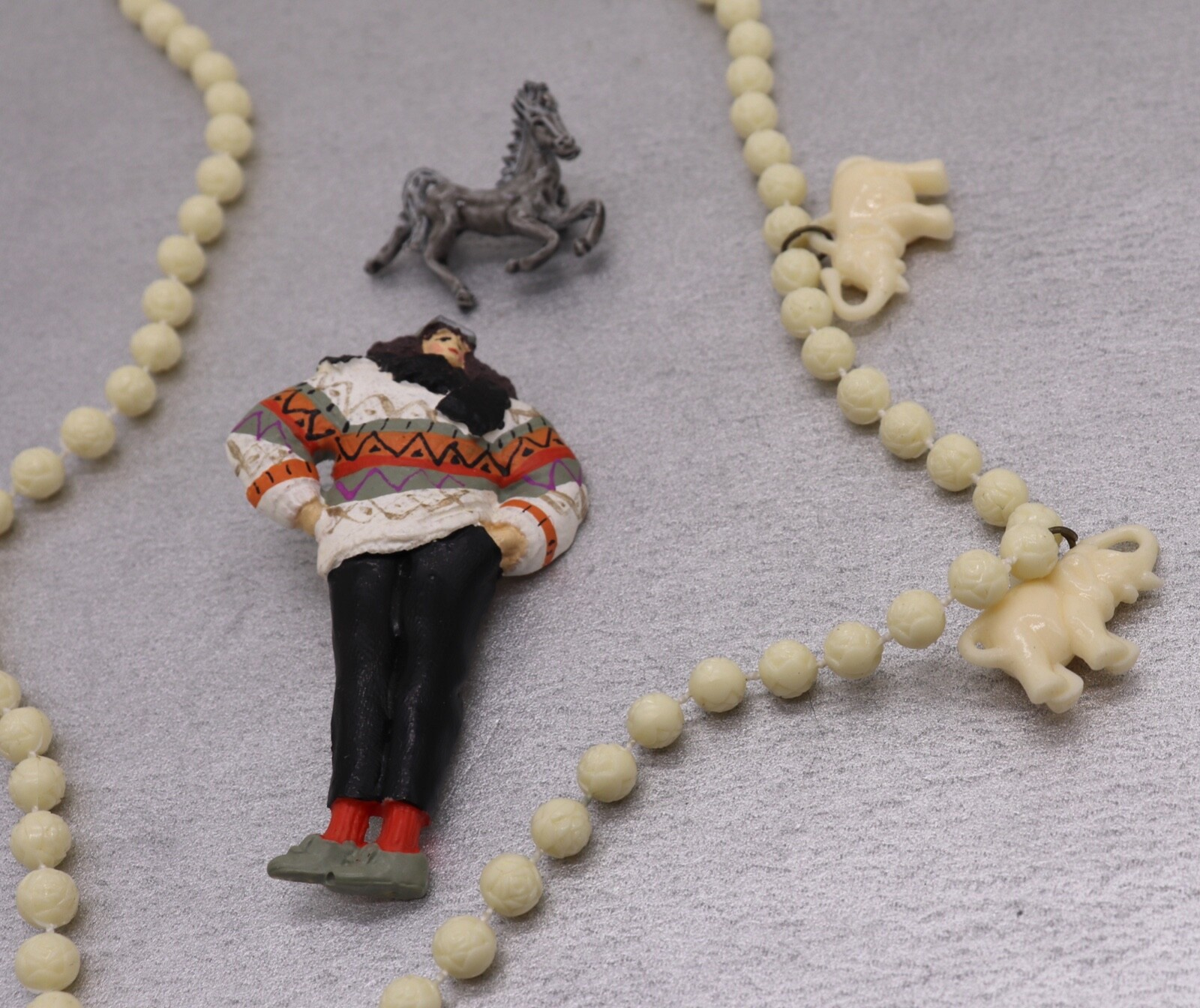 Lot 3 Vintage Figural Jewelry Elephant Necklace, Small Head Person & Horse Pin