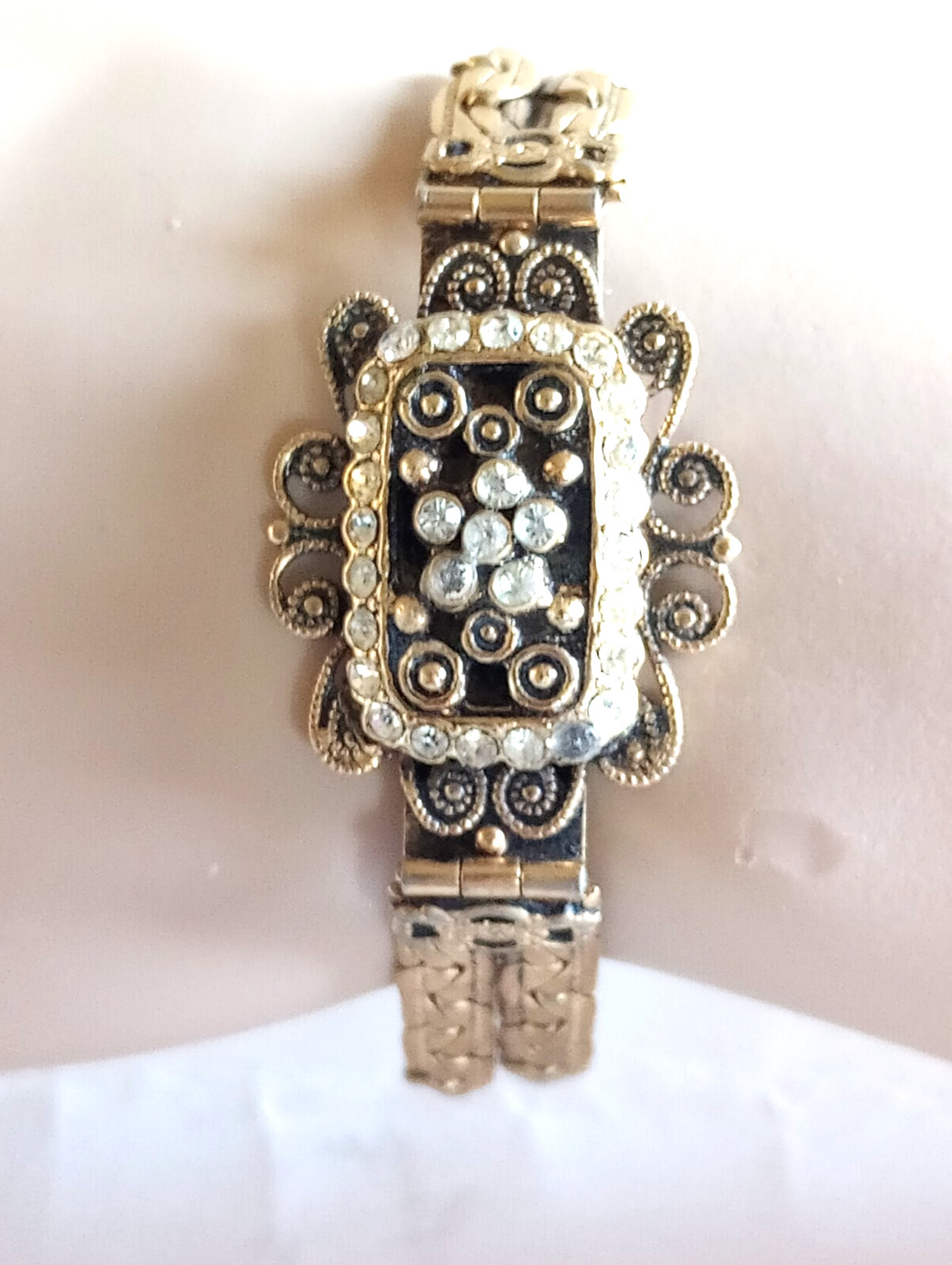 VINTAGE JEWELRY SET DECO FILIGREE CANNETILLE BRACELET PENDANT BRASS GOLD PLATED