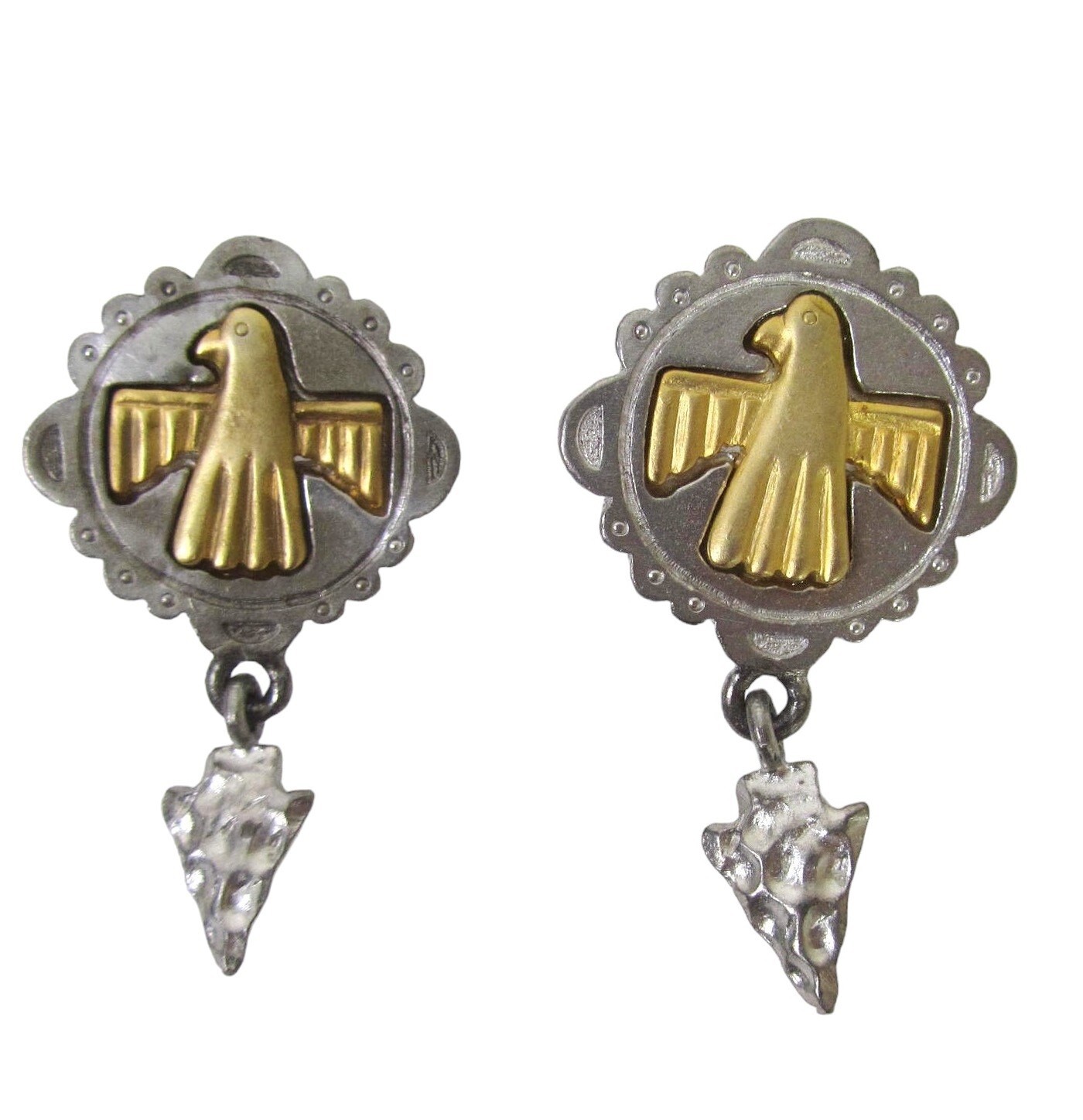 Vintage Thunderbird Earrings Brass Silver Southwest Arrowhead Pierced
