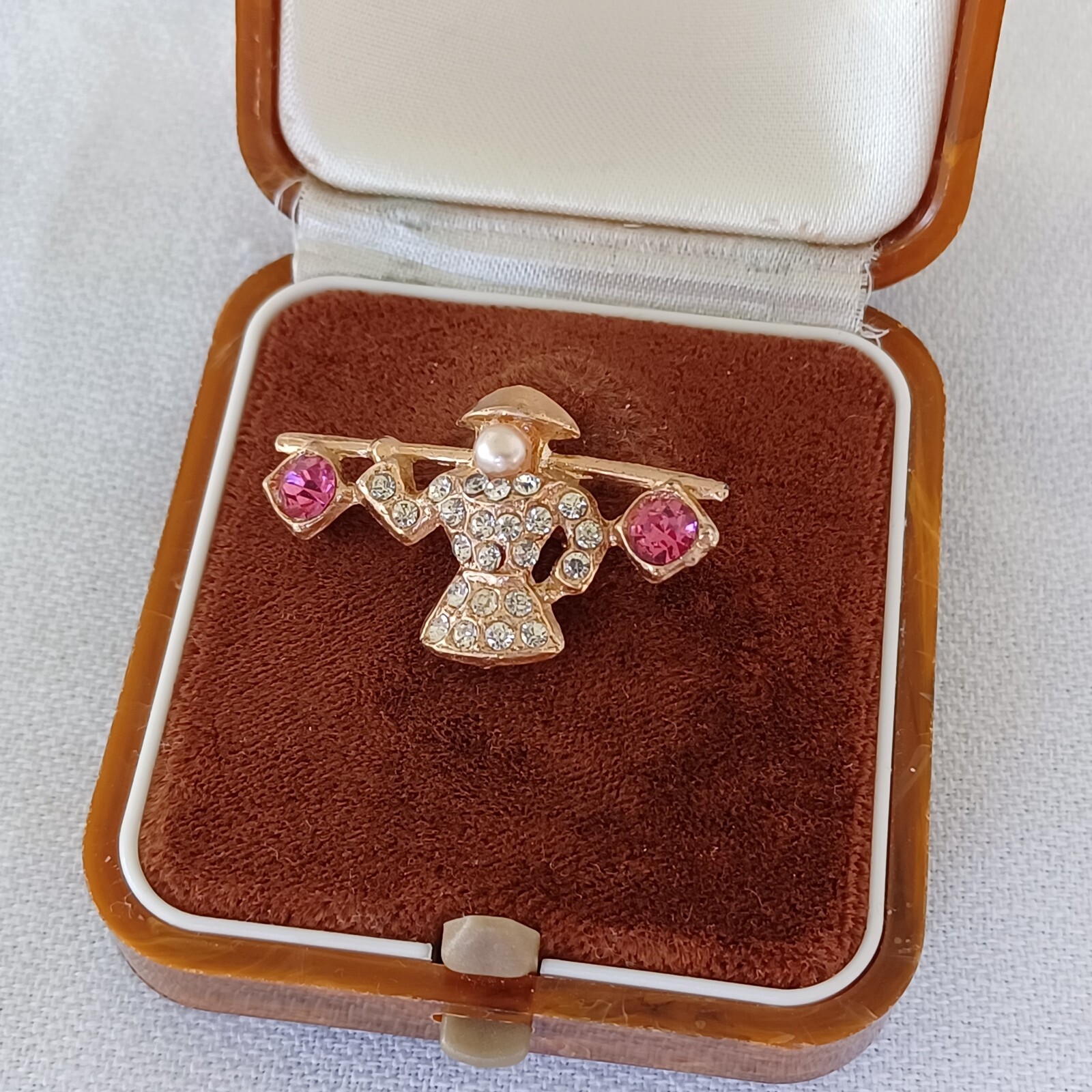 Vintage Small Brooch Asian Woman With Shoulder Pole Rhinestones Faux Pearl