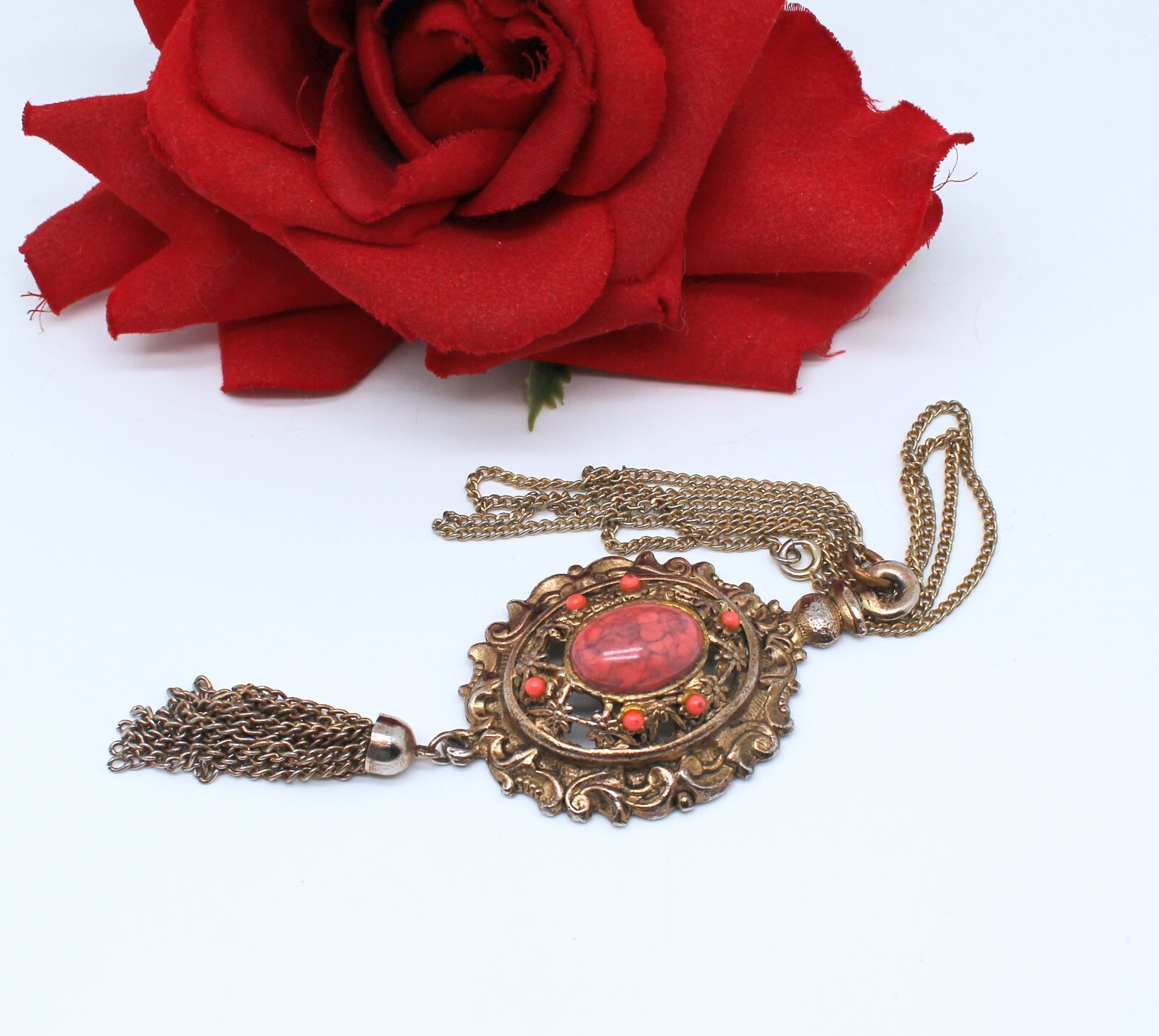 Vintage Gold tone Salmon Color Faux Stone Tassel 24″ Necklace CAT RESCUE
