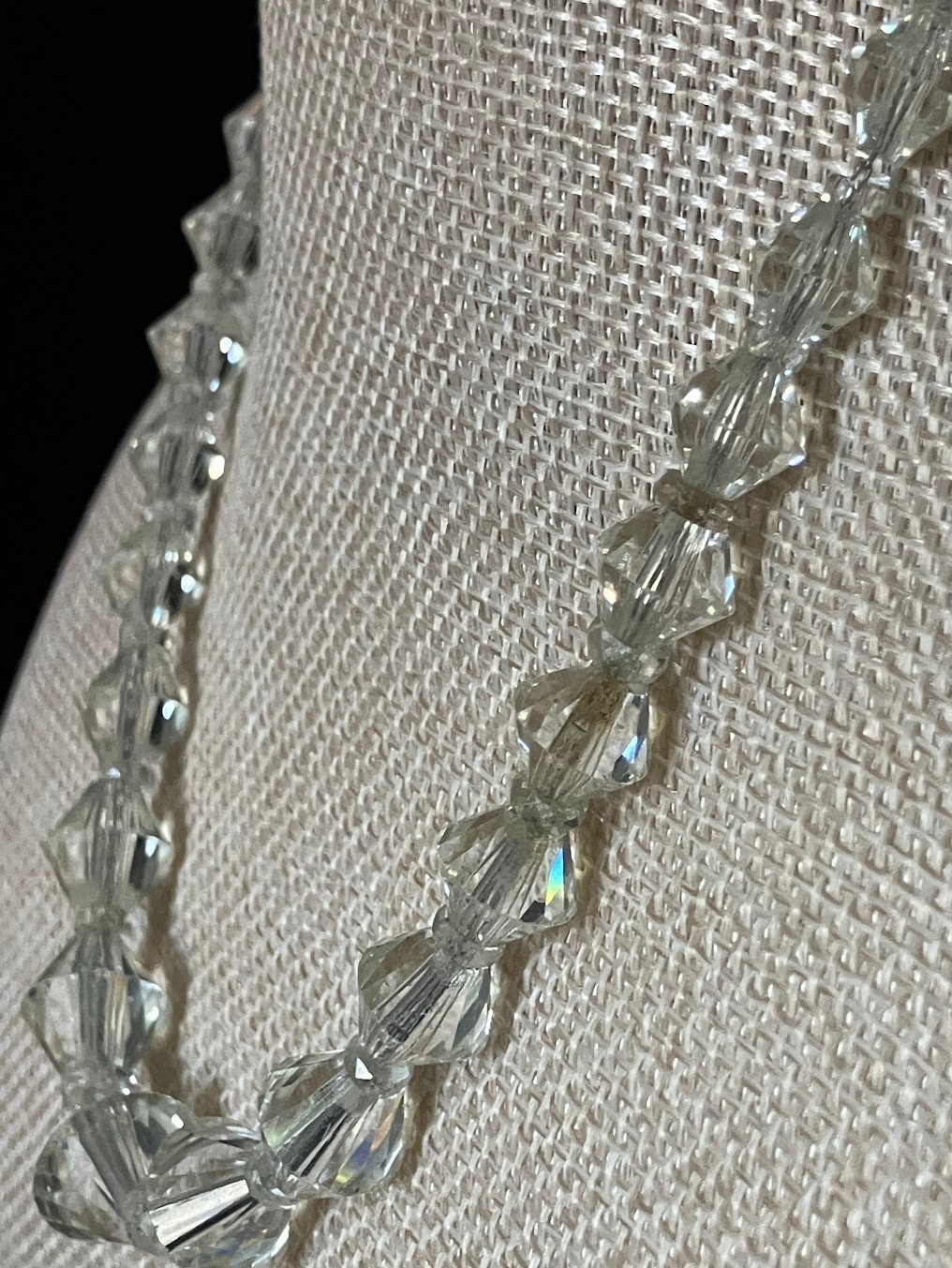 Vintage Art Deco Faceted Crystal Necklace Silver Chain Faceted Bi-cone Beads 16″