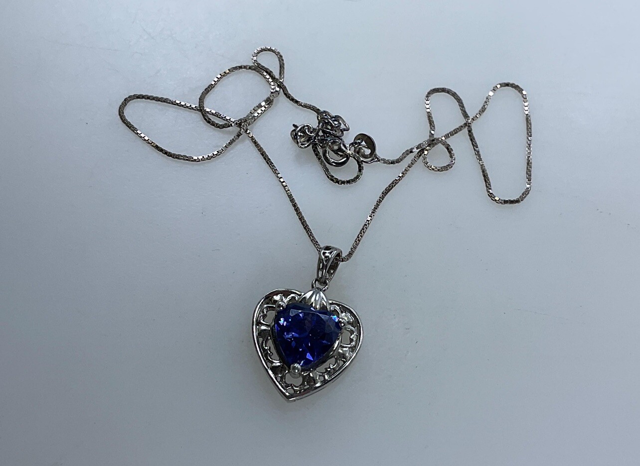 Vintage Bluish Purple Heart Shaped Stone on Sterling Heart Pendant Necklace 17”