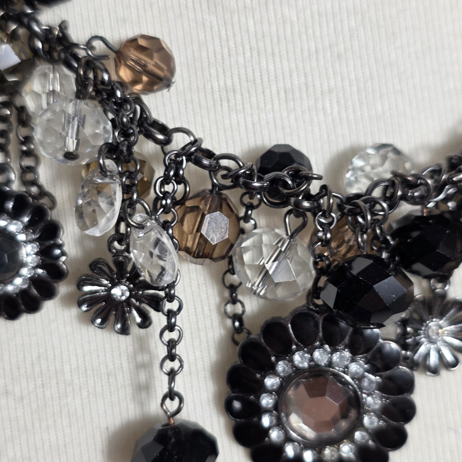 Metallic Black Charm Necklace Floral Pendants with Gray White & Black Beads