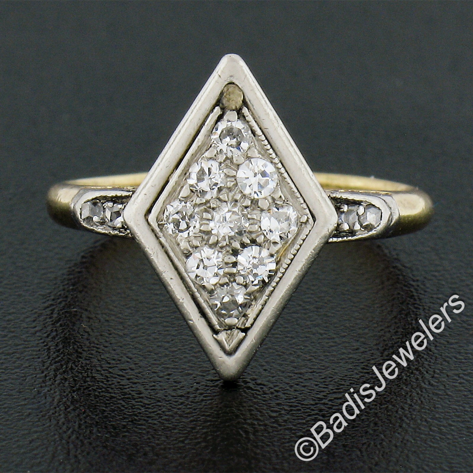 Antique Edwardian 18K Yellow Gold & Platinum Old Cut Diamond Lozenge Shape Ring