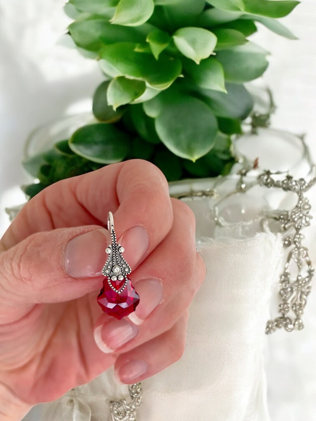 Austrian Crystal Red Iridescent Vintage Victorian Dangle Earrings for Woman