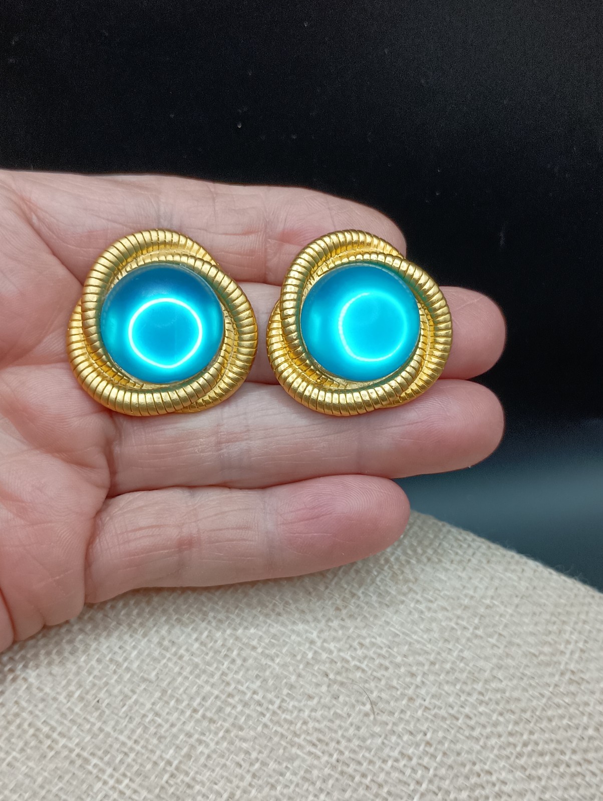 Vintage Aqua Blue Glass Cabochon Pierced Earrings Gripoix Gold Tone Rope 1.25 “