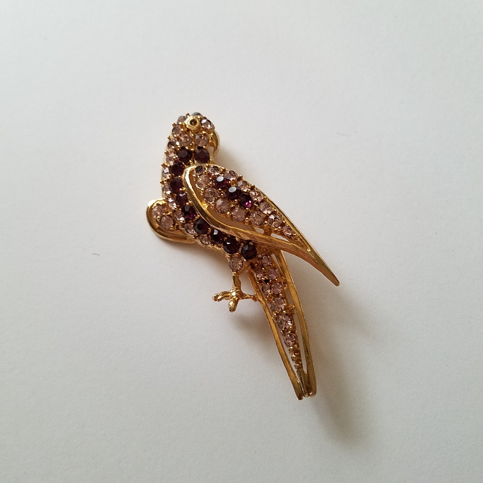 Vintage Pell Purple and Clear Rhinestone Parrot Brooch