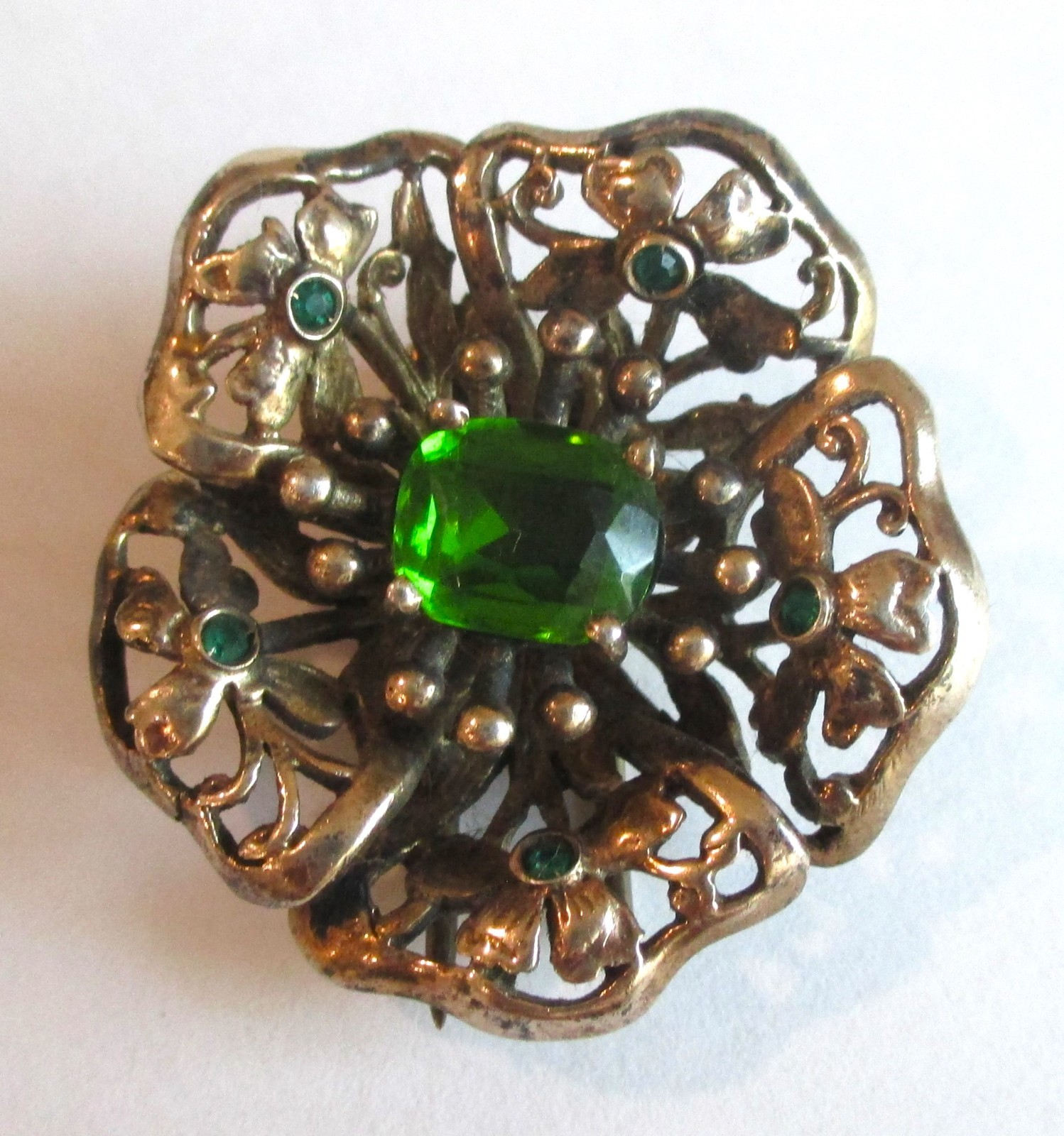 PAIR VINTAGE STERLING SILVER RHINESTONE FUR CLIP BROOCH GOLD WASH FLOWER LOT
