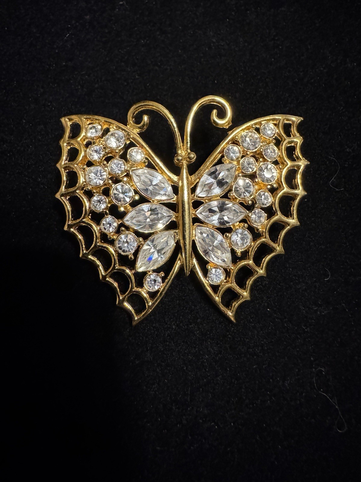 Revere Butterfly Brooch, Gold-tone Filled With White Rhinestones , Signed