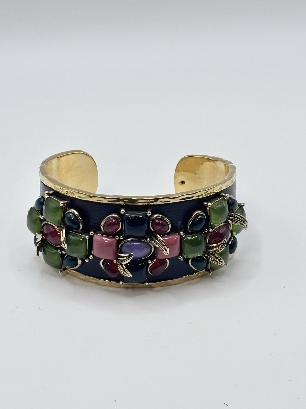 Vintage Chunky Gold Tone Multicolor Cabochon Crystal & Leather Byzantine Cuff