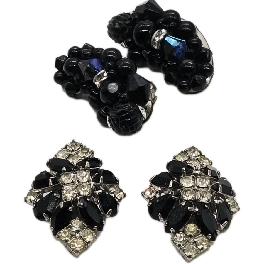 Art Deco Clip on Earrings Lot Set of 2 Black with White Crystal Silver Tone Vtg