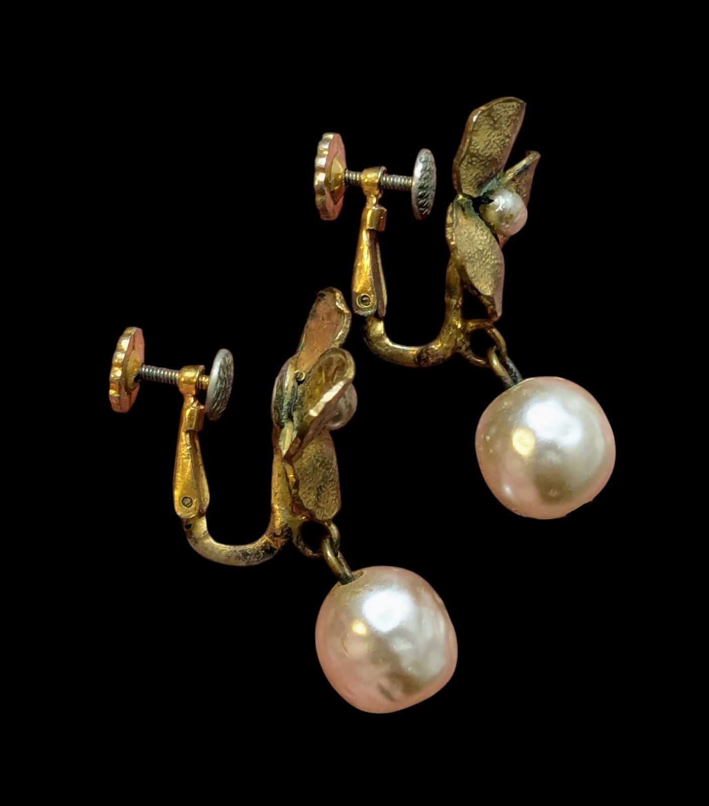 Vintage Miriam Haskell Faux Baroque Pearl Pansy Flower Clip On Earrings