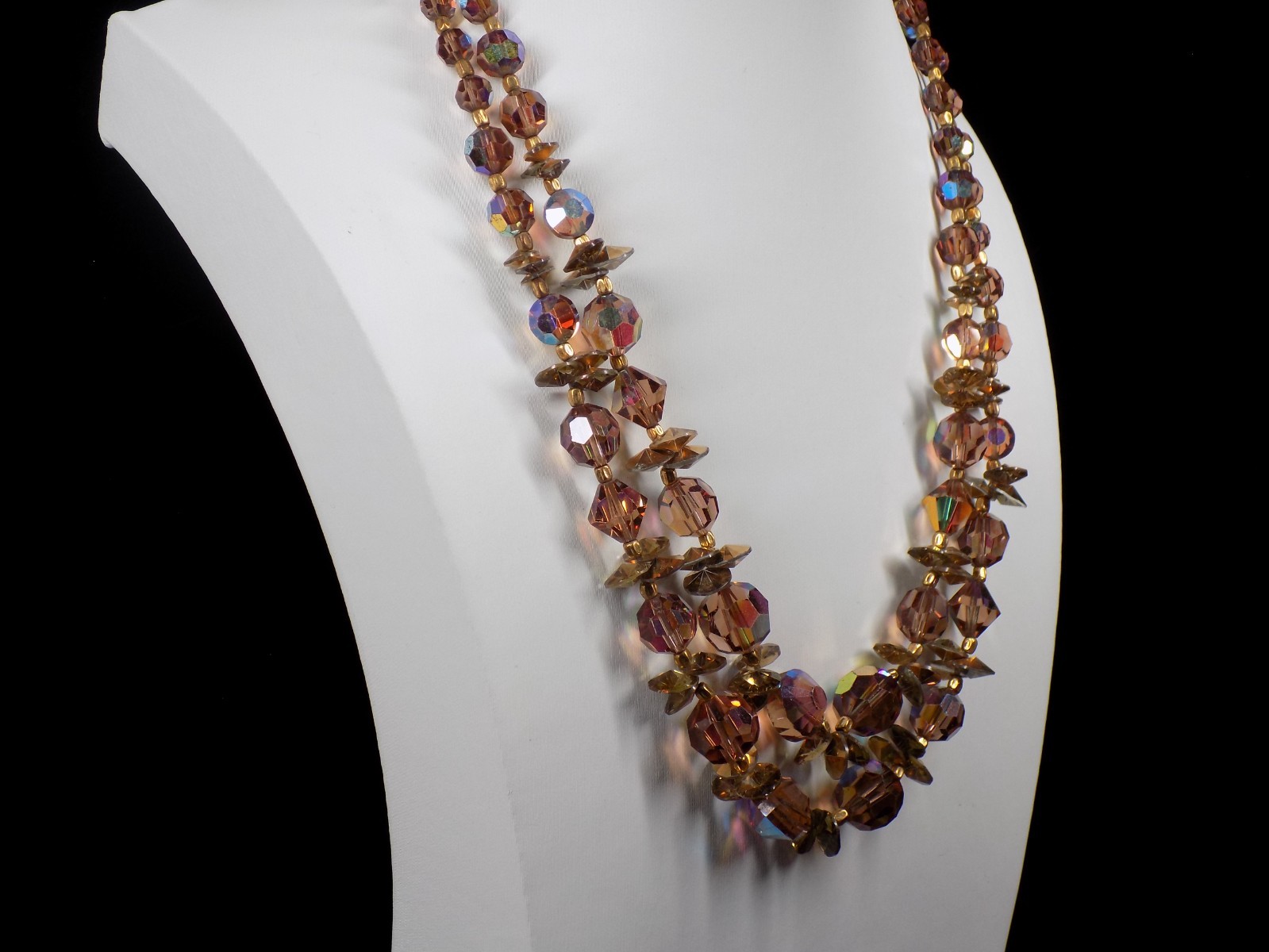 Vintage Crystal Necklace Golden Smoky AB Aurora Borealis Beads 2 Rows 16″ +1.5″