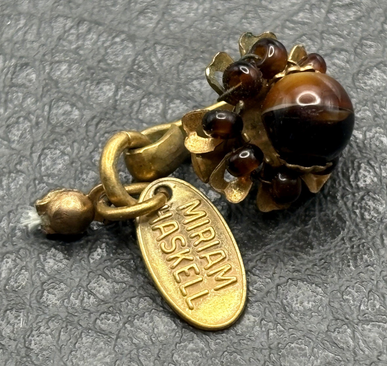 VTG Miriam Haskell Gold Tone Brown Bead Cluster Hook Clasp Tag For Repairs