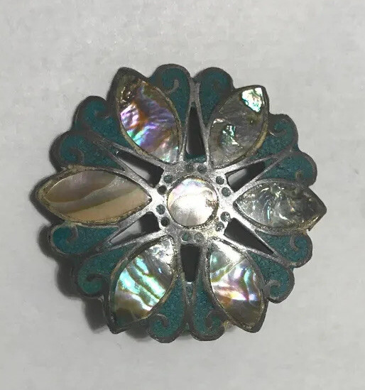 Vintage .925 Sterling Inlay Flower Brooch Pendant TC Mexico Native American