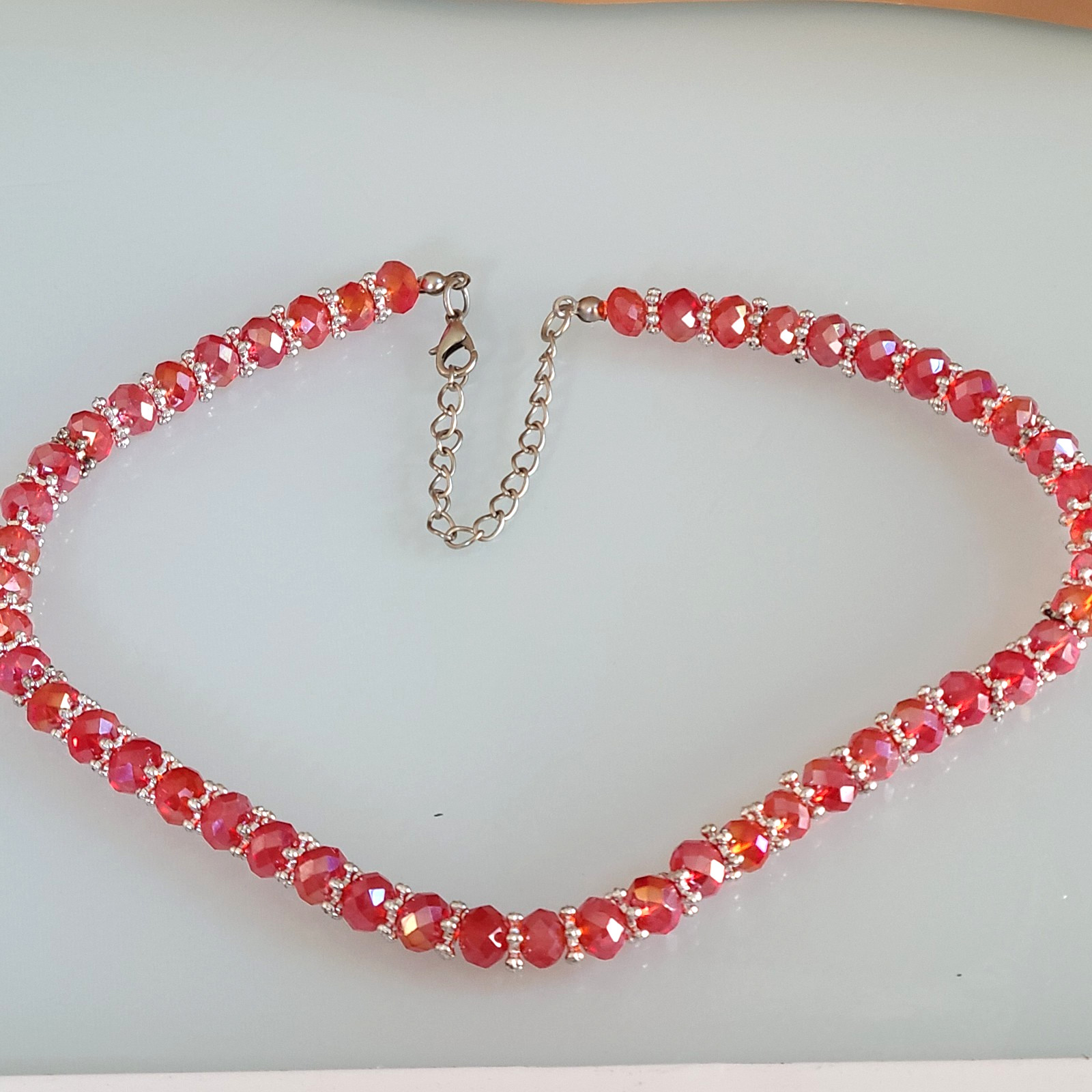 Vintage Fire Red Aurora Borealis AB Faceted Glass Crystal Choker Necklace 18.5”