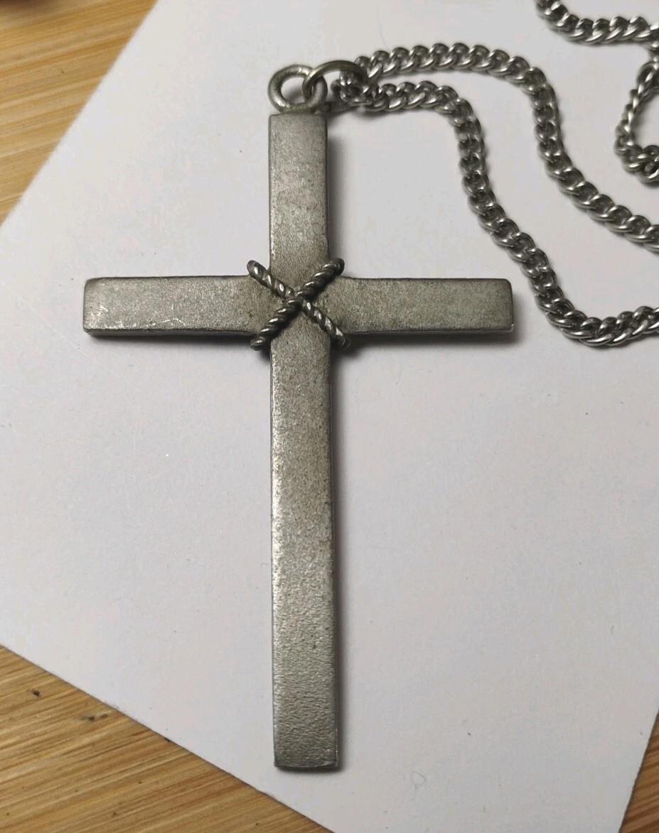 Vintage BDA Budlong Docherty Armstrong Signed Pewter Cross Pendant 25″ Necklace!