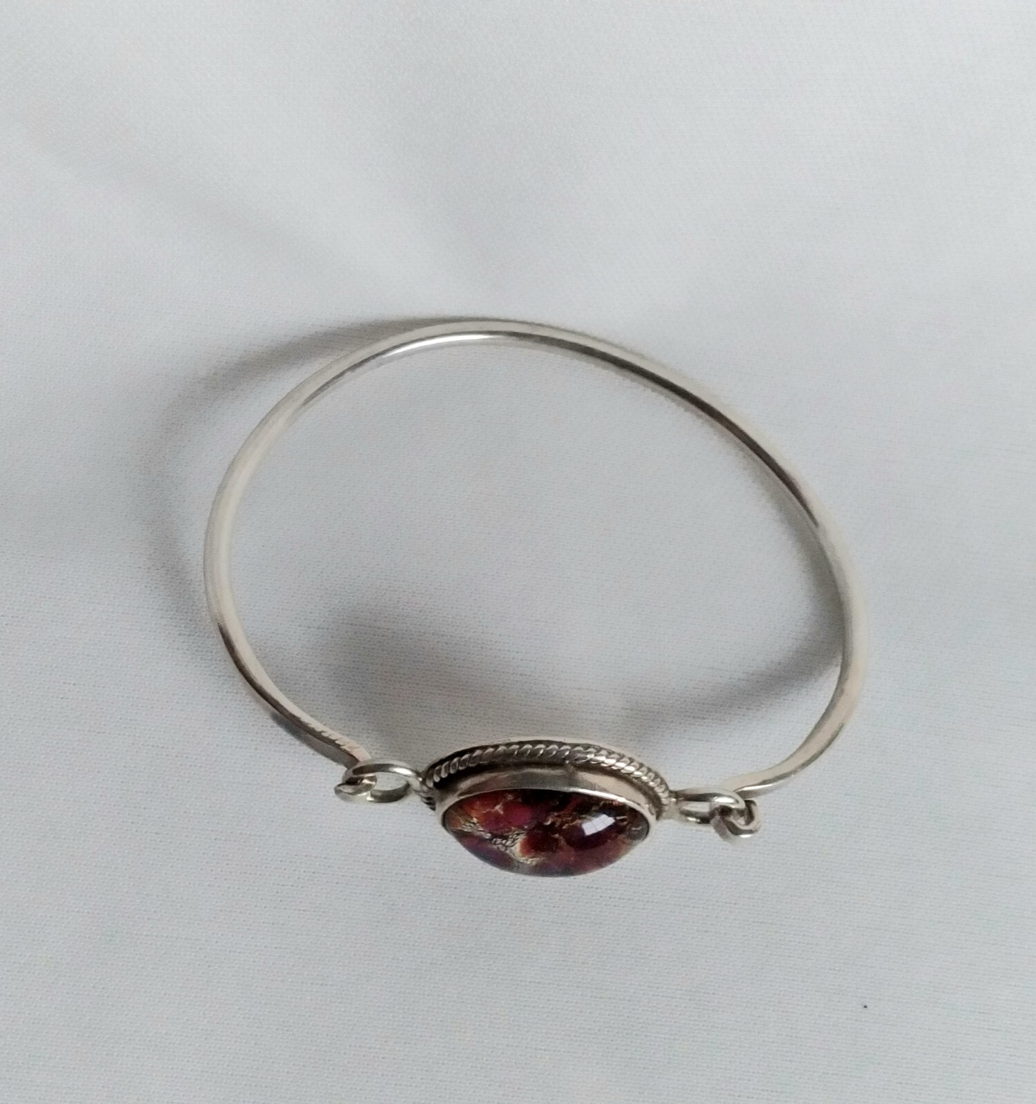 Vintage Mexico 925 Rope Accented Oval Diachroic Glass Tension Bangle Bracelet