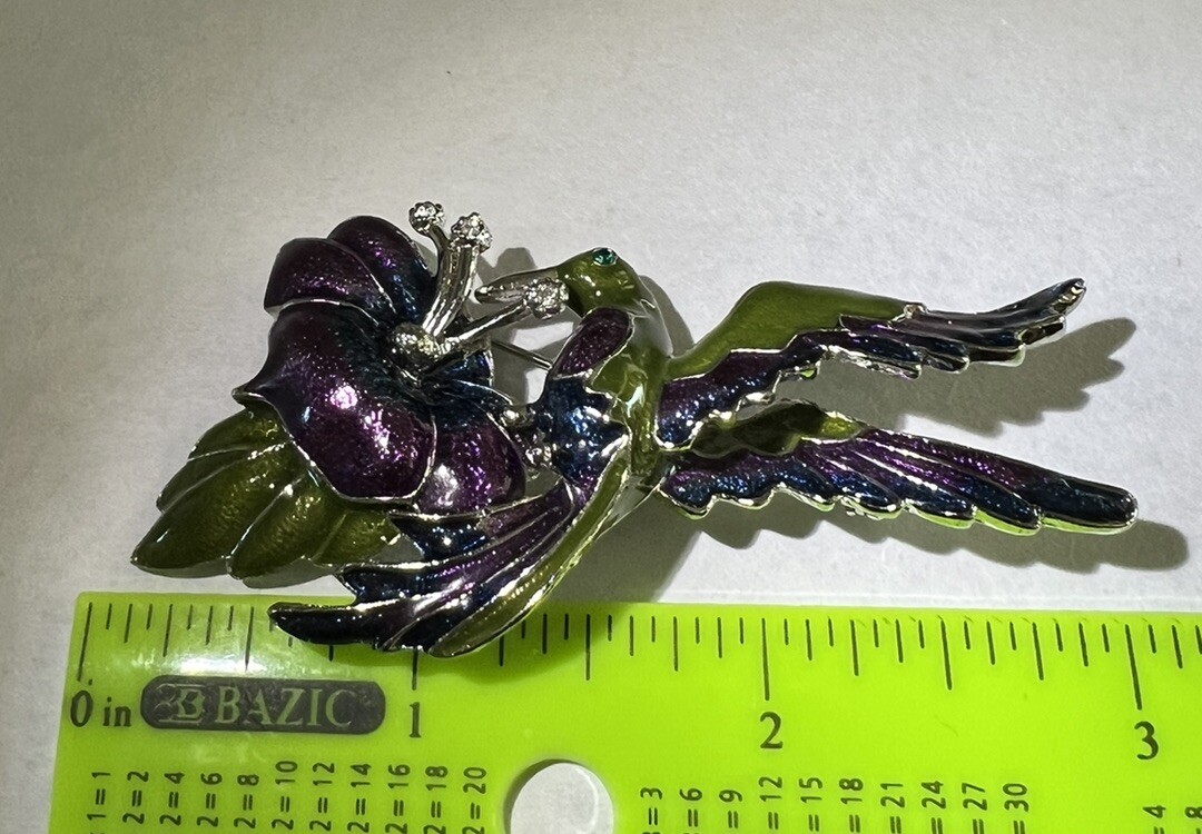 Colorful Hummingbird And Flower Brooch Purple Green And Blue Enamel Silver