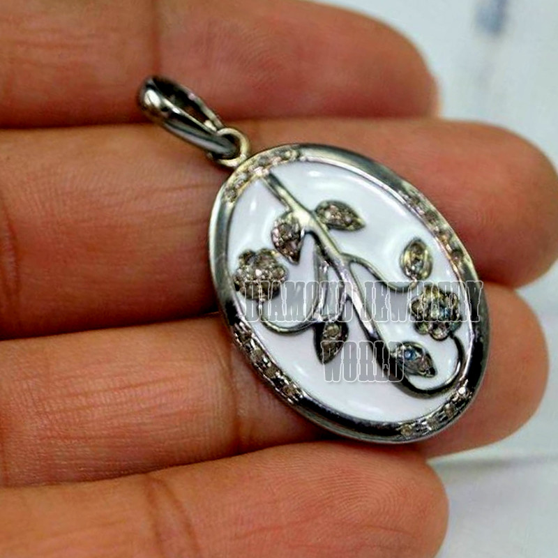 Victorian 0.78ct Genuine Old Mine Rose Cut Diamond Enamel Silver Pendant Jewelry