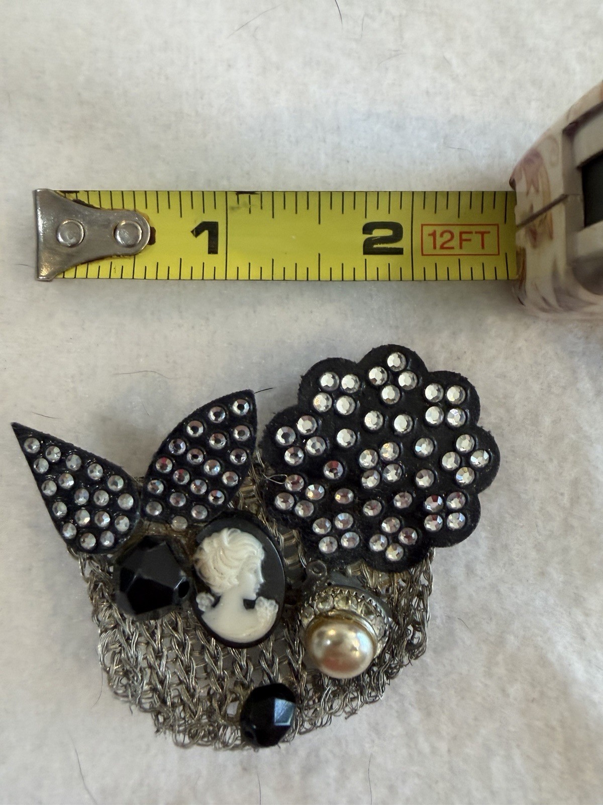 Handmade Vintage Brooch Rhinestone Leather and Metal Paris