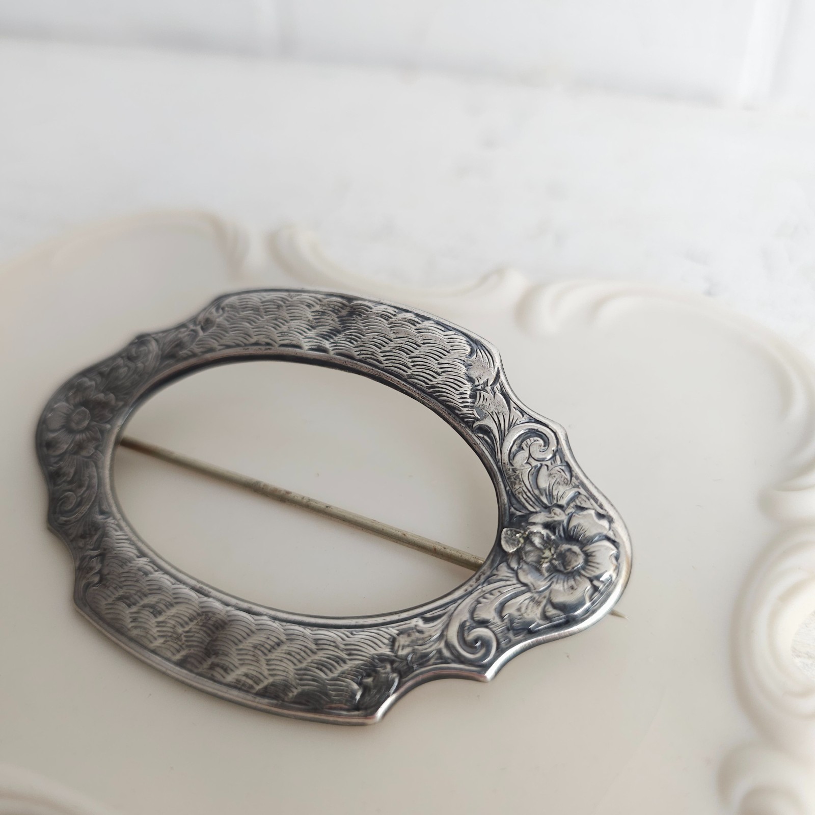 Vintage Antique Victorian Sterling Silver Top 925 Belt Buckle Brooch Pin C Clasp