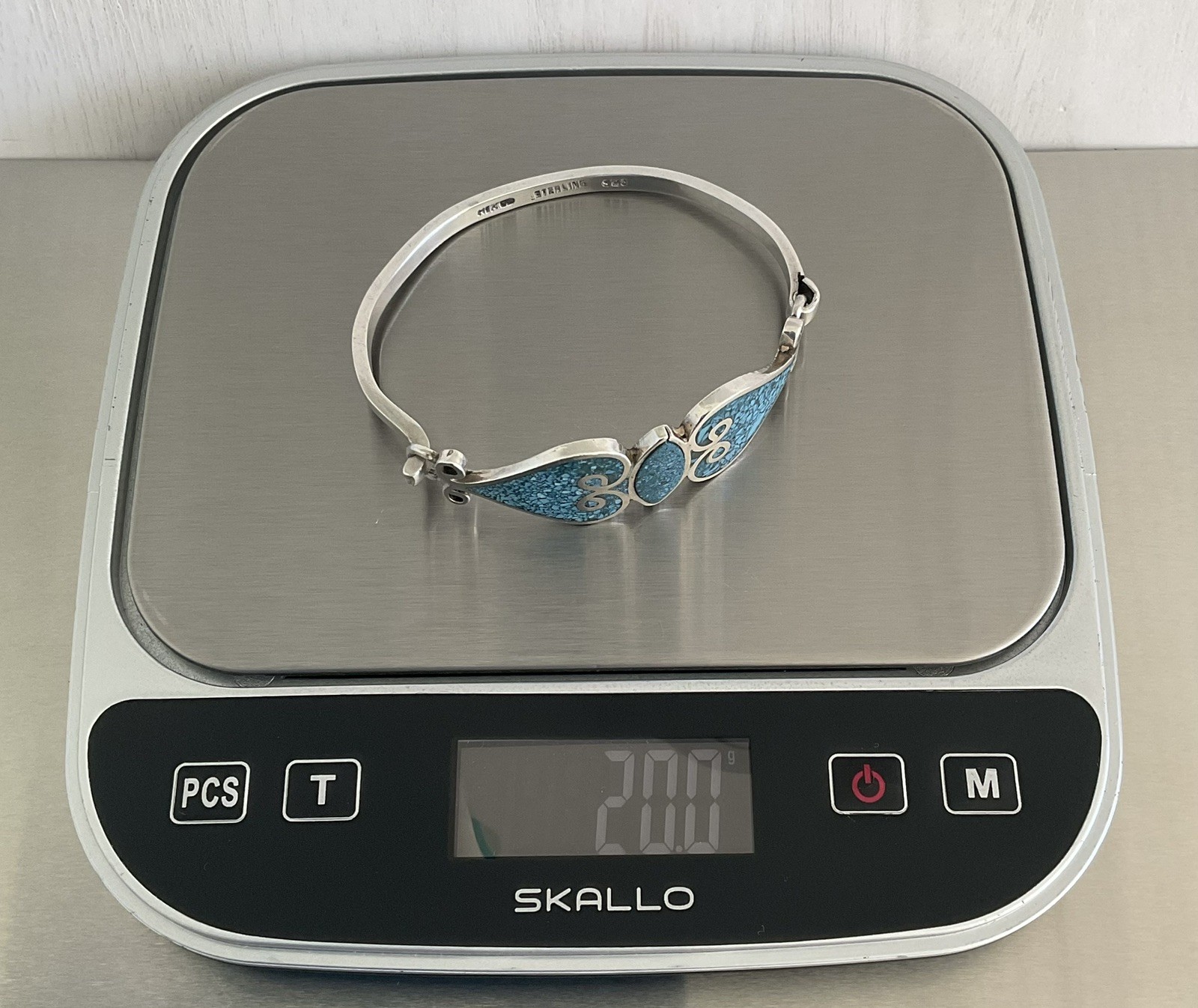 Vintage Mexico 925 Sterling Turquoise Inlay Mosaic Tension Bangle Bracelet 7″