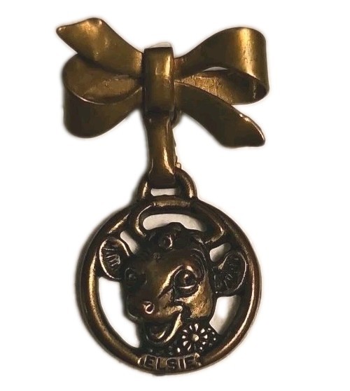 Vintage BORDEN Dairy ELSIE THE COW PIN BROOCH Bow Gold Tone Milk