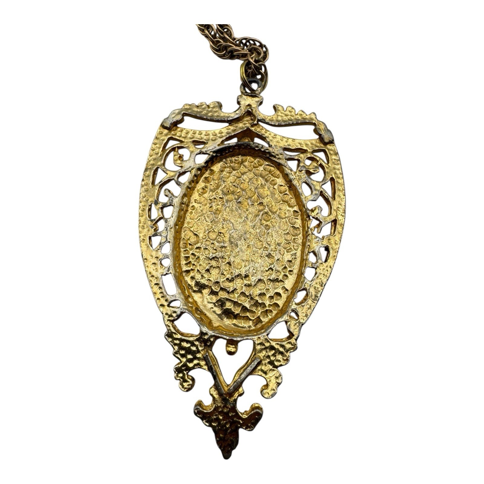 1950s Chinoiserie Intaglio Necklace Gold-Tone Filigree Pendant AC Co. 12KT GF