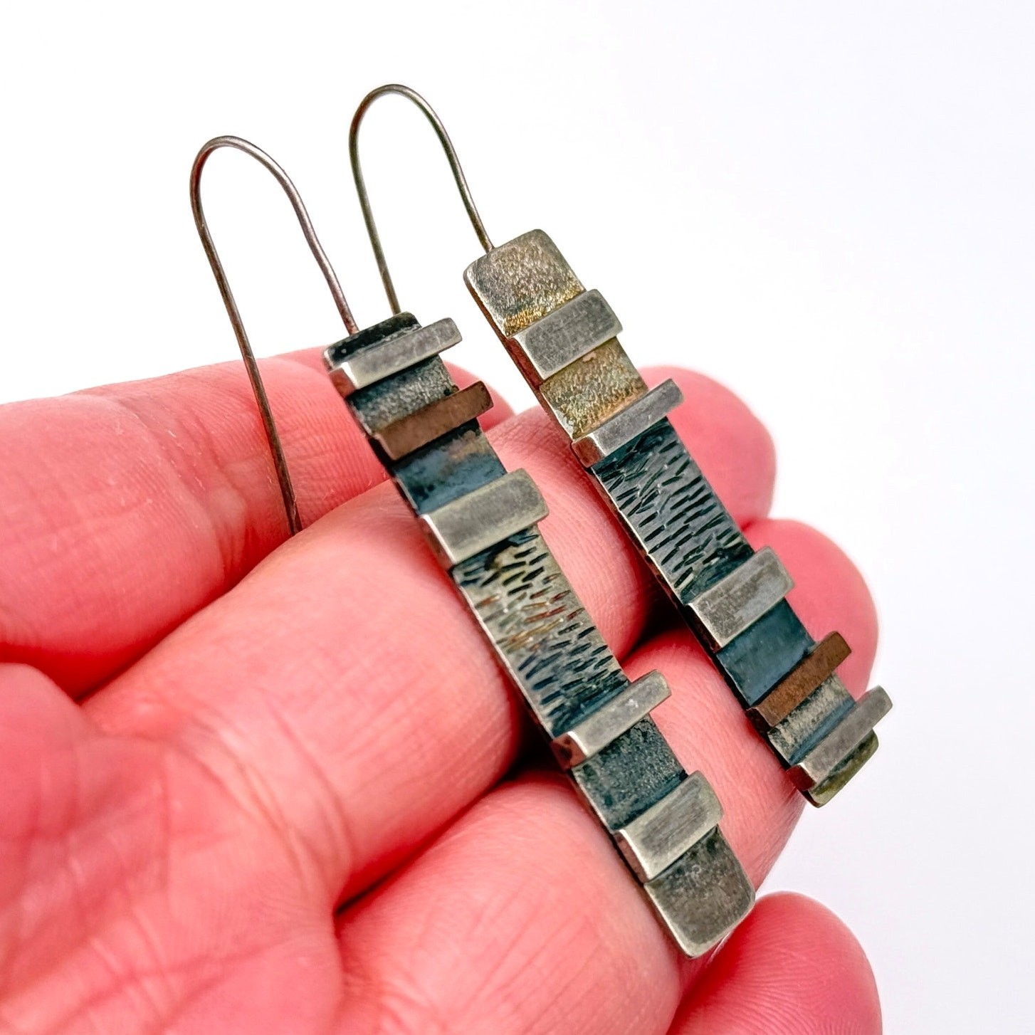 Vintage Modernist Mixed Metal Bar textured Sterling Silver Dangle Earrings