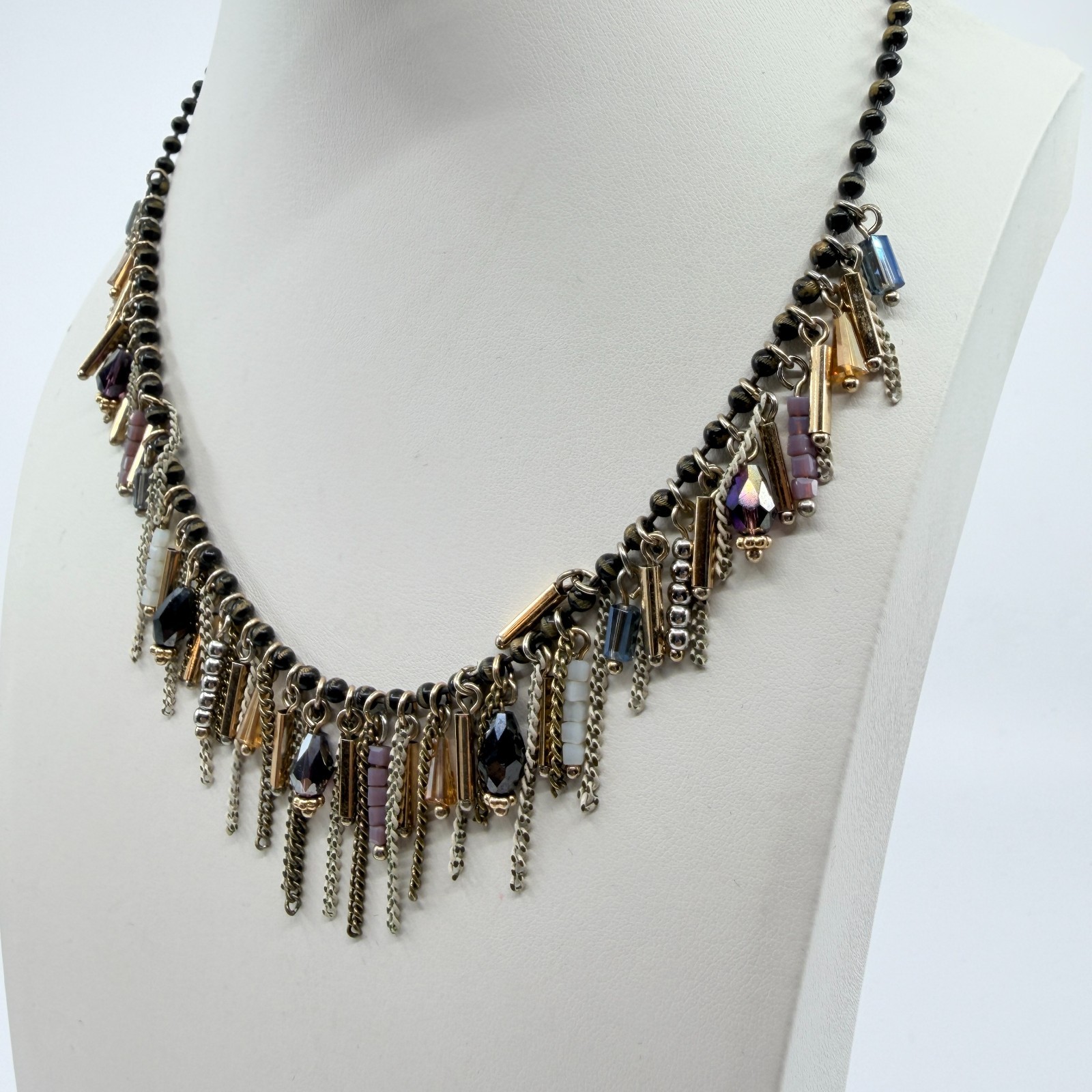 Vintage Boho Multi Strand Fringe Statement Necklace Beaded Chain Bib Mixed Metal