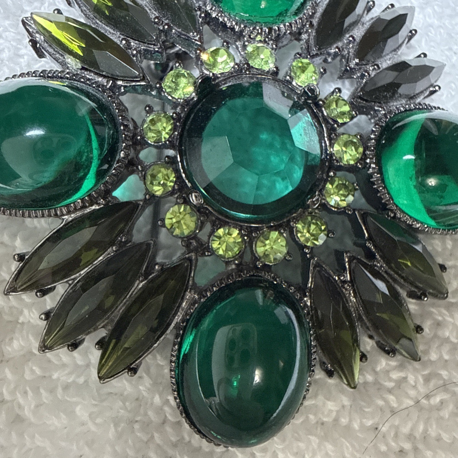 Vintage Emerald And Lime Green Floral Art Brooch With Silver Tone Back