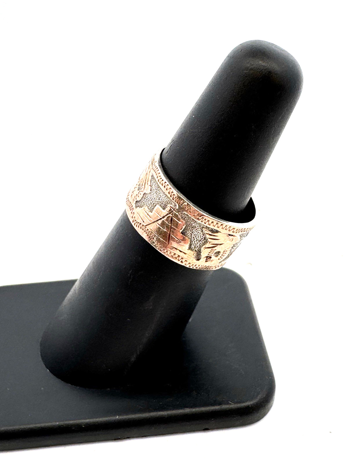 Vintage Guatemala Artisan 900 Fine Silver Two Tone Mayan Motif Wide Band Ring