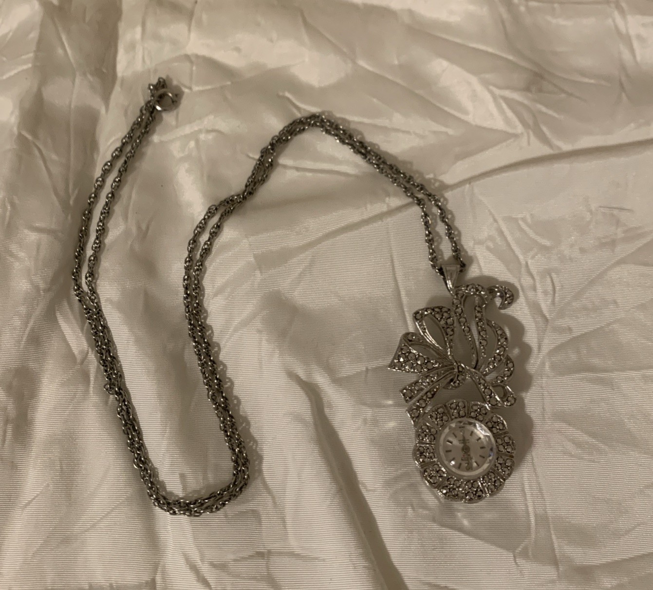 Vintage Hilton Watch Necklace 24.5” Pendant Manual Wind Marcasite Silver Tone