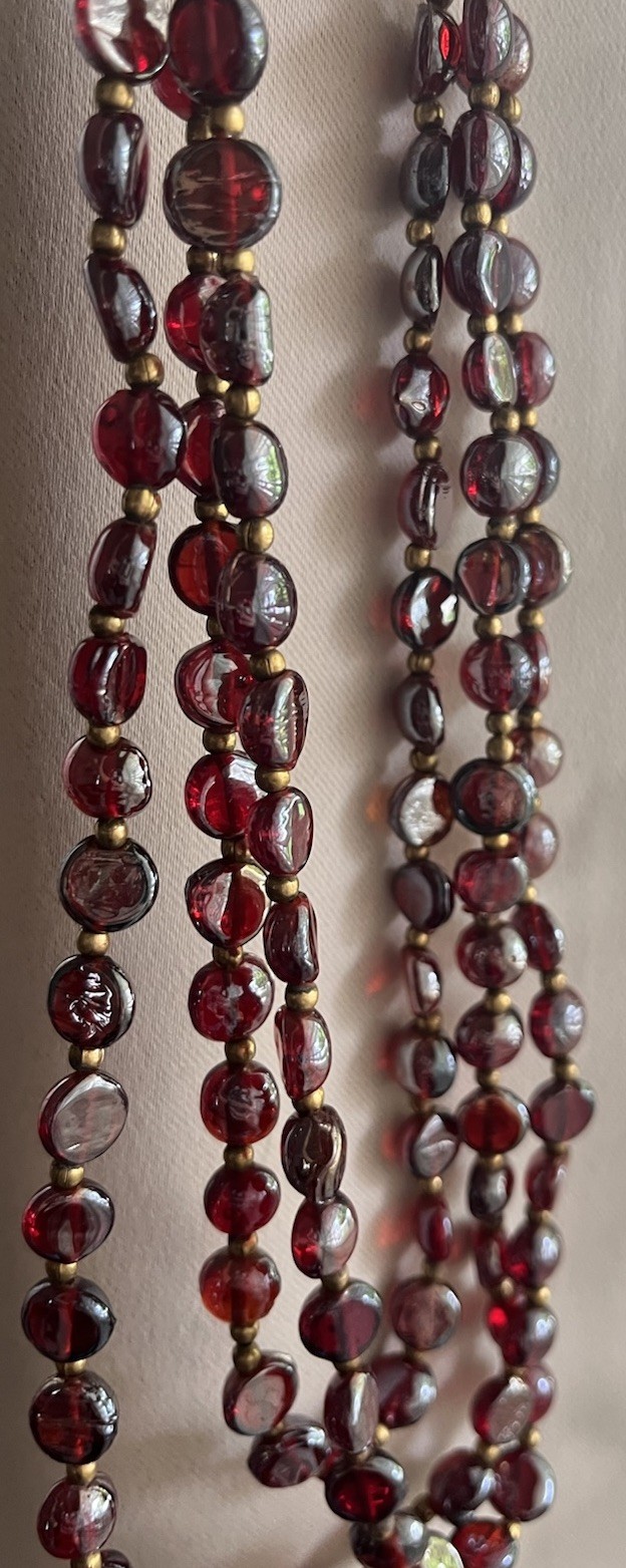Vintage Red Garnet Iridescent Glass Gold Beaded Triple Layered 30” Bib Necklace