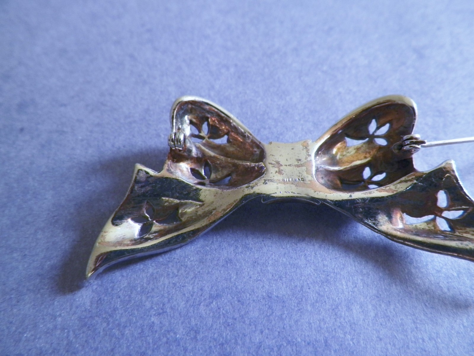 Vintage Sterling Silver Ribbon Bow Pin Brooch w/ Clear Rhinestones 40s
