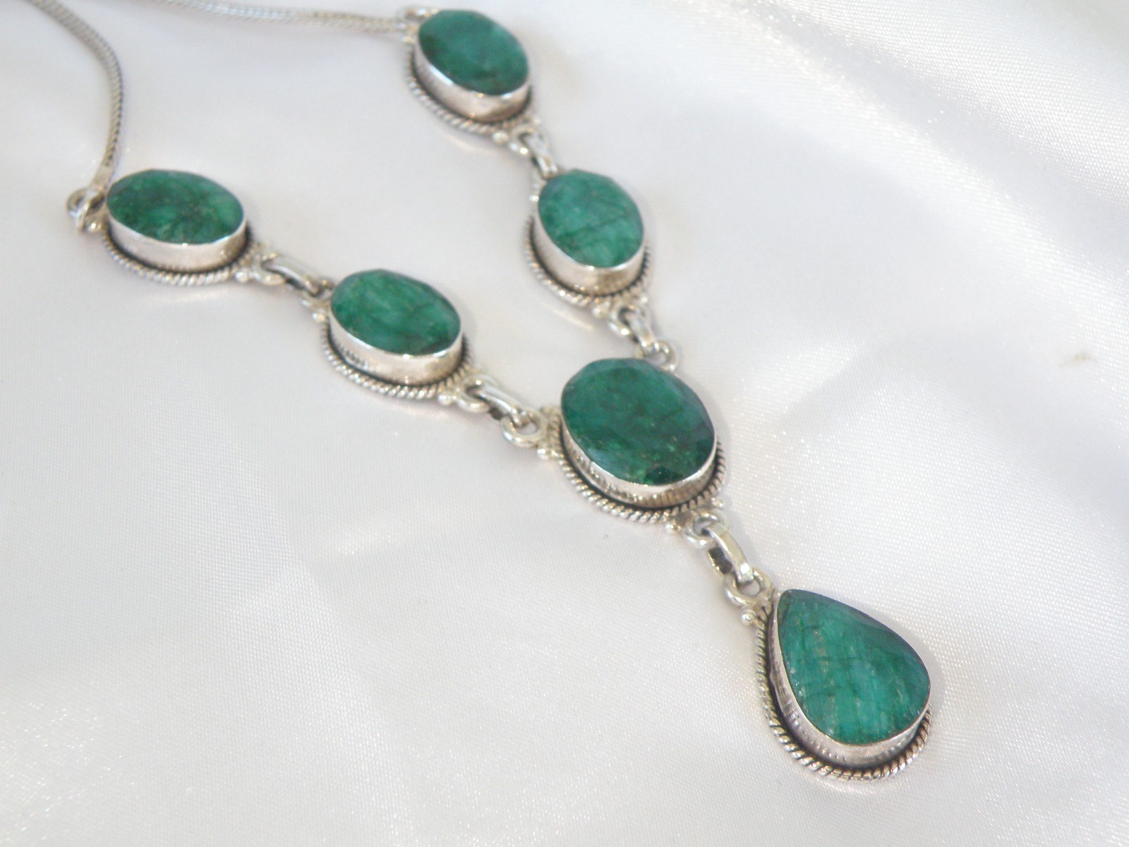 Vintage Sterling Silver 925 Large Natural Raw Emerald Statement Necklace 19″
