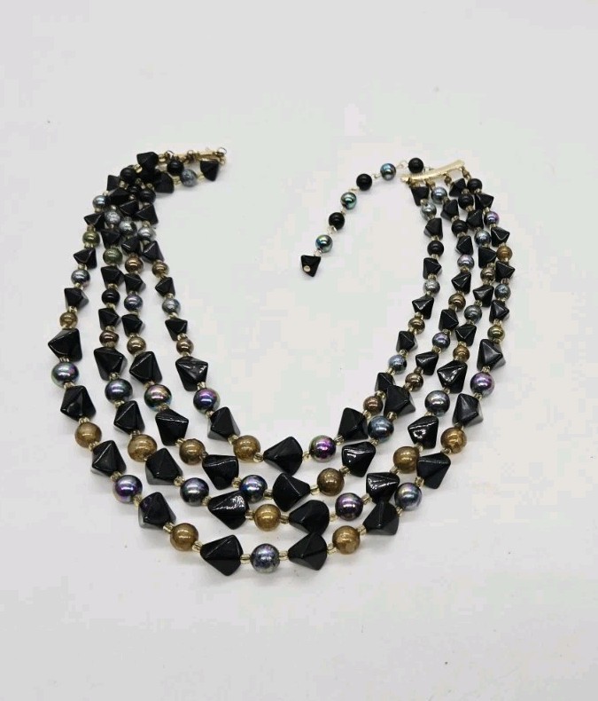 Peacock Colors Beaded Layered Necklace signed Japan Four Row Iridescent Vintage