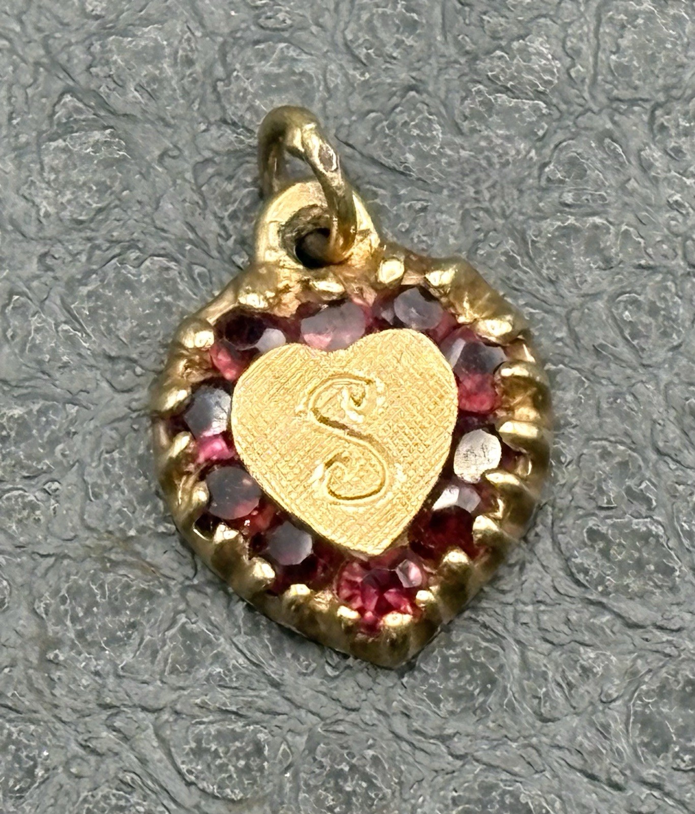 VTG 14K Gold Heart Garnet “S” Mono Engraved Pendant Or Charm Antique Victorian