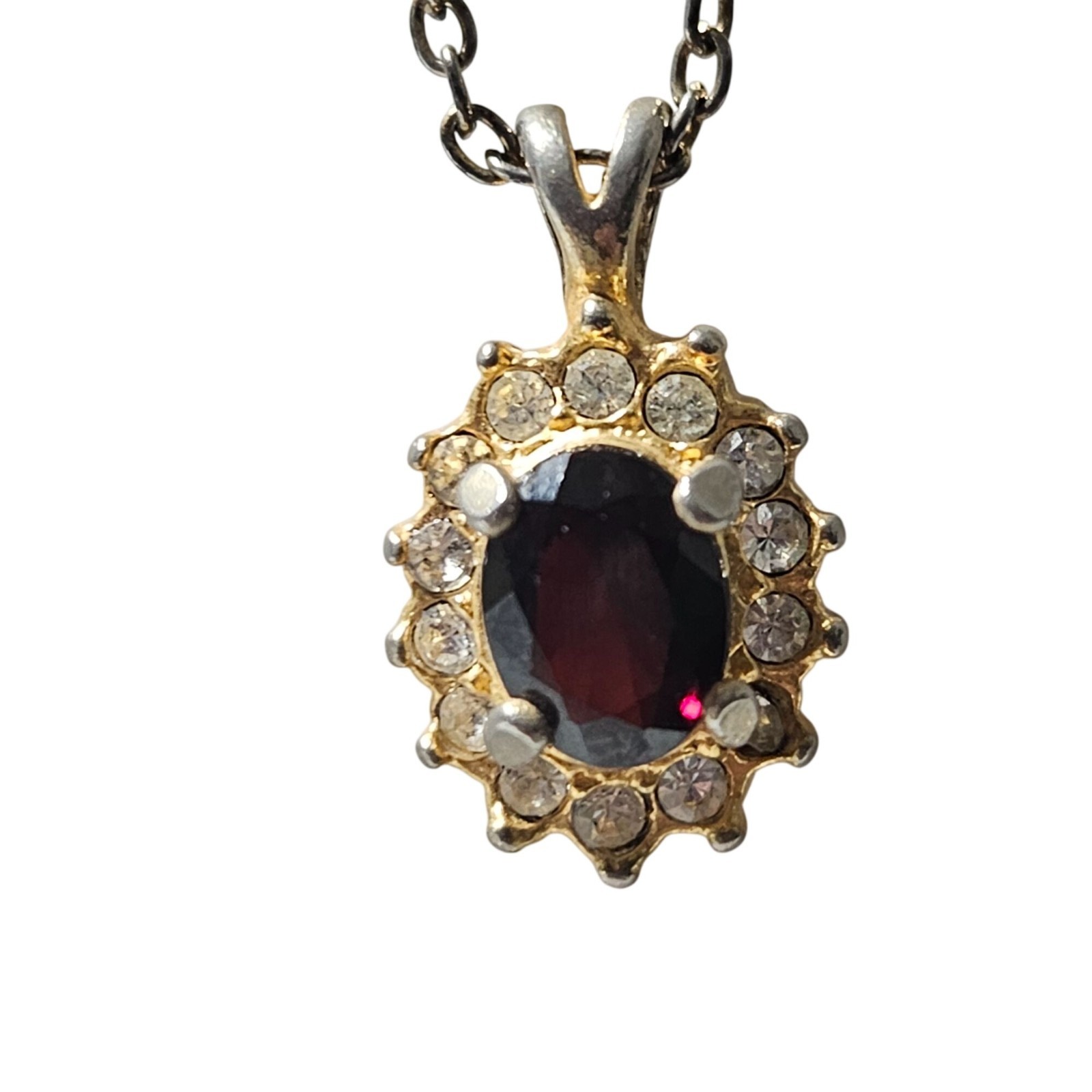 Vintage Oval Red Gemstone Pendant Necklace Clear Accent Stones Gold Tone Jewelry