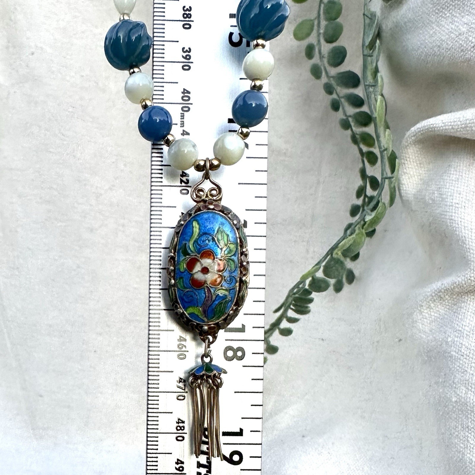 36” Vtg Cloisonné Pendant Tassel Beaded Necklace Mother Of Pearl Chinoiserie