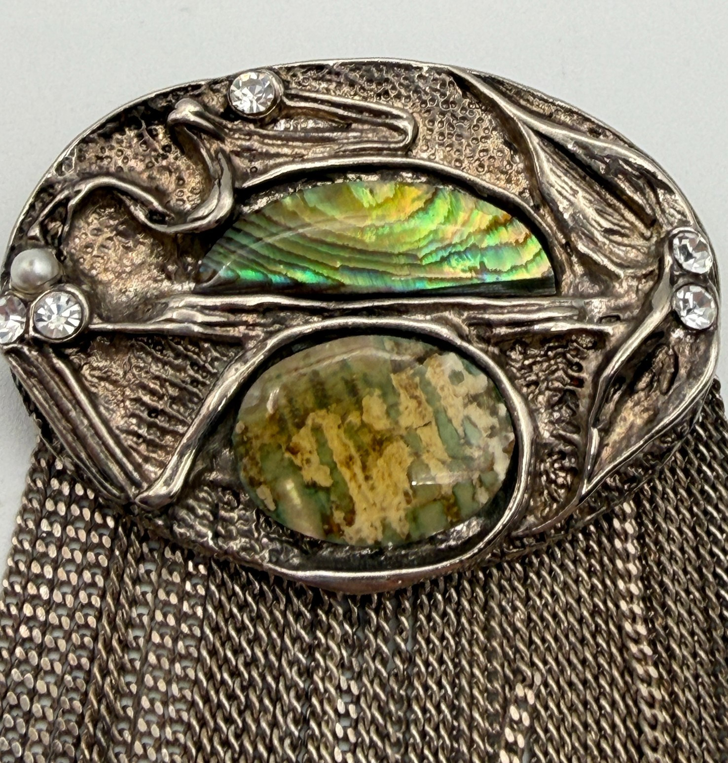 Vintage Modernist Art Nouveau Abalone Shell Waterfall Brooch Pin Fringe Chain