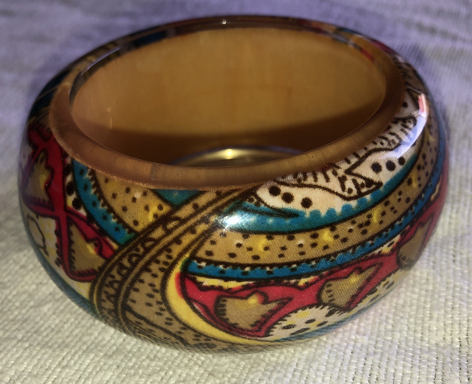 Vintage Colorful Bangle Bracelet Wood And Fabric Under Lucite