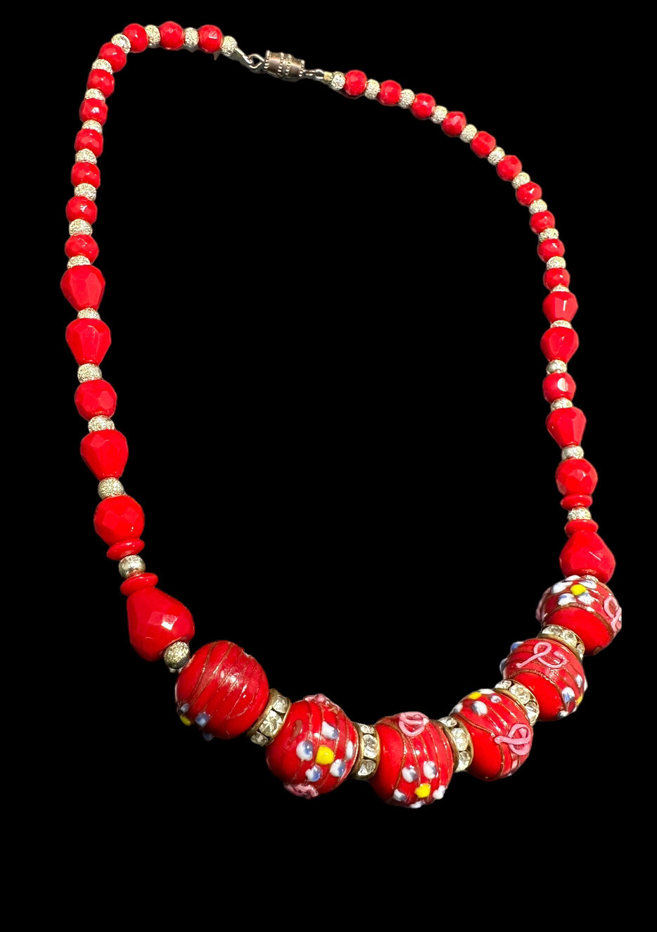 Vintage Murano Italy RED WEDDING CAKE Venetian Art Glass Bead Necklace 17.5 in