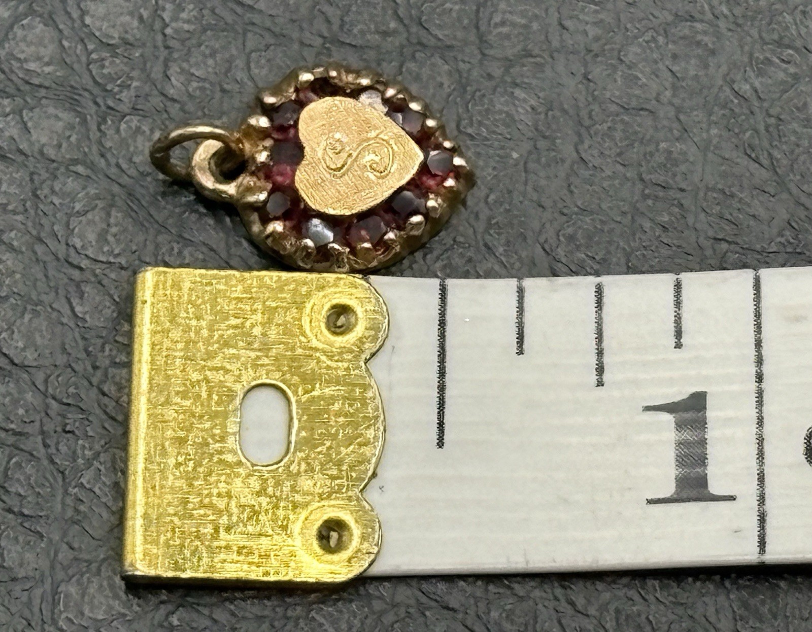 VTG 14K Gold Heart Garnet “S” Mono Engraved Pendant Or Charm Antique Victorian