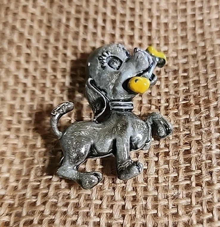 Vintage Enamel Scatter Pin Puppy Dog With Yellow Bone Brooch